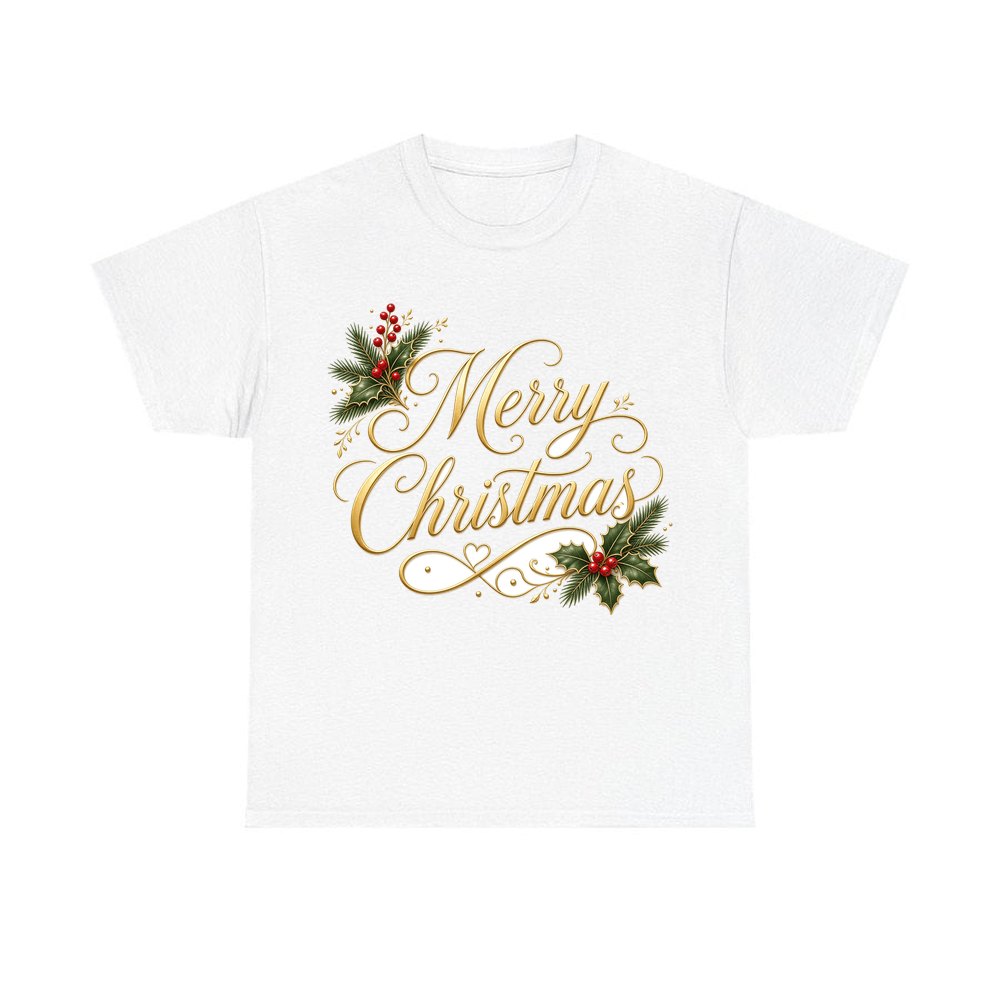 Golden Merry Christmas Script personalised Christmas T-shirt in white
