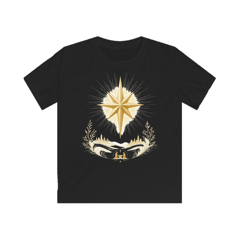 Golden Nativity Star personalised kids Christmas tee in black