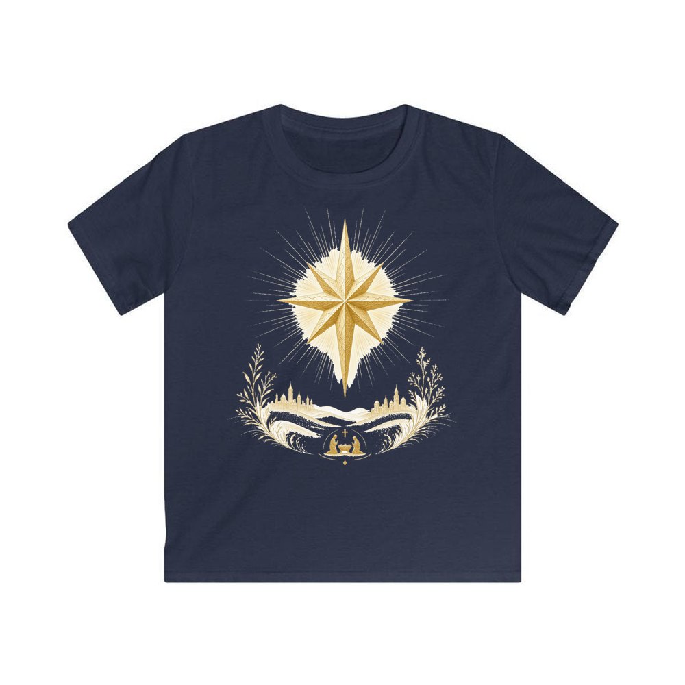 Golden Nativity Star personalised kids Christmas tee in navy