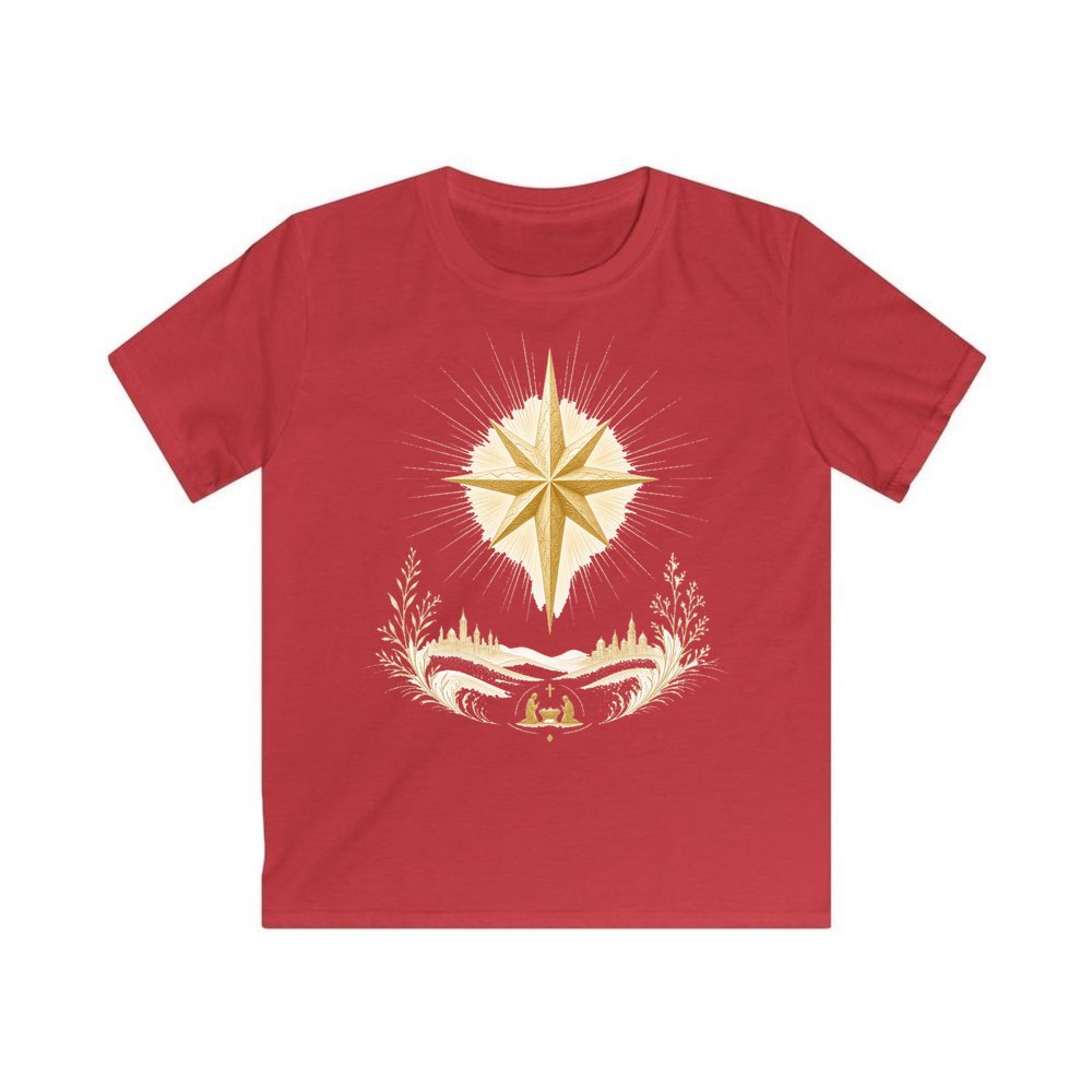 Golden Nativity Star personalised kids Christmas tee in red