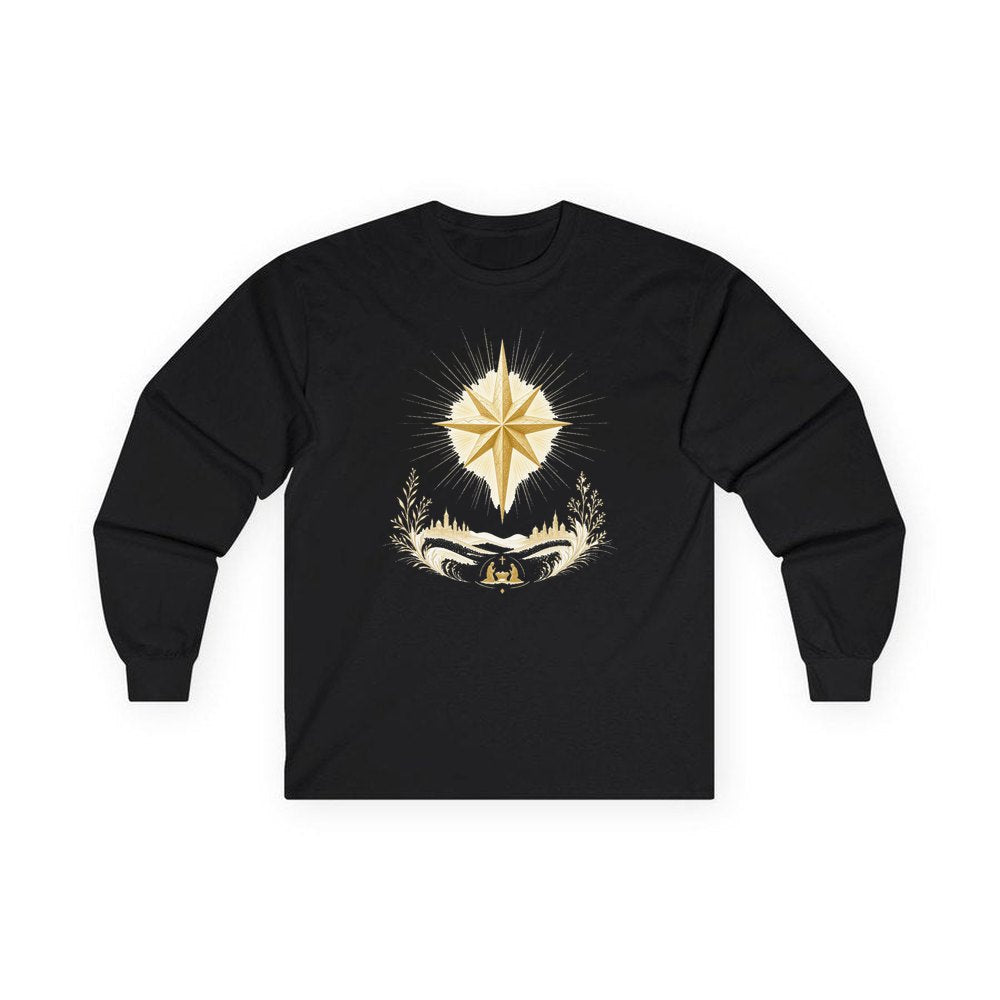 Golden Nativity Star personalised long sleeve Christmas T-shirt in black