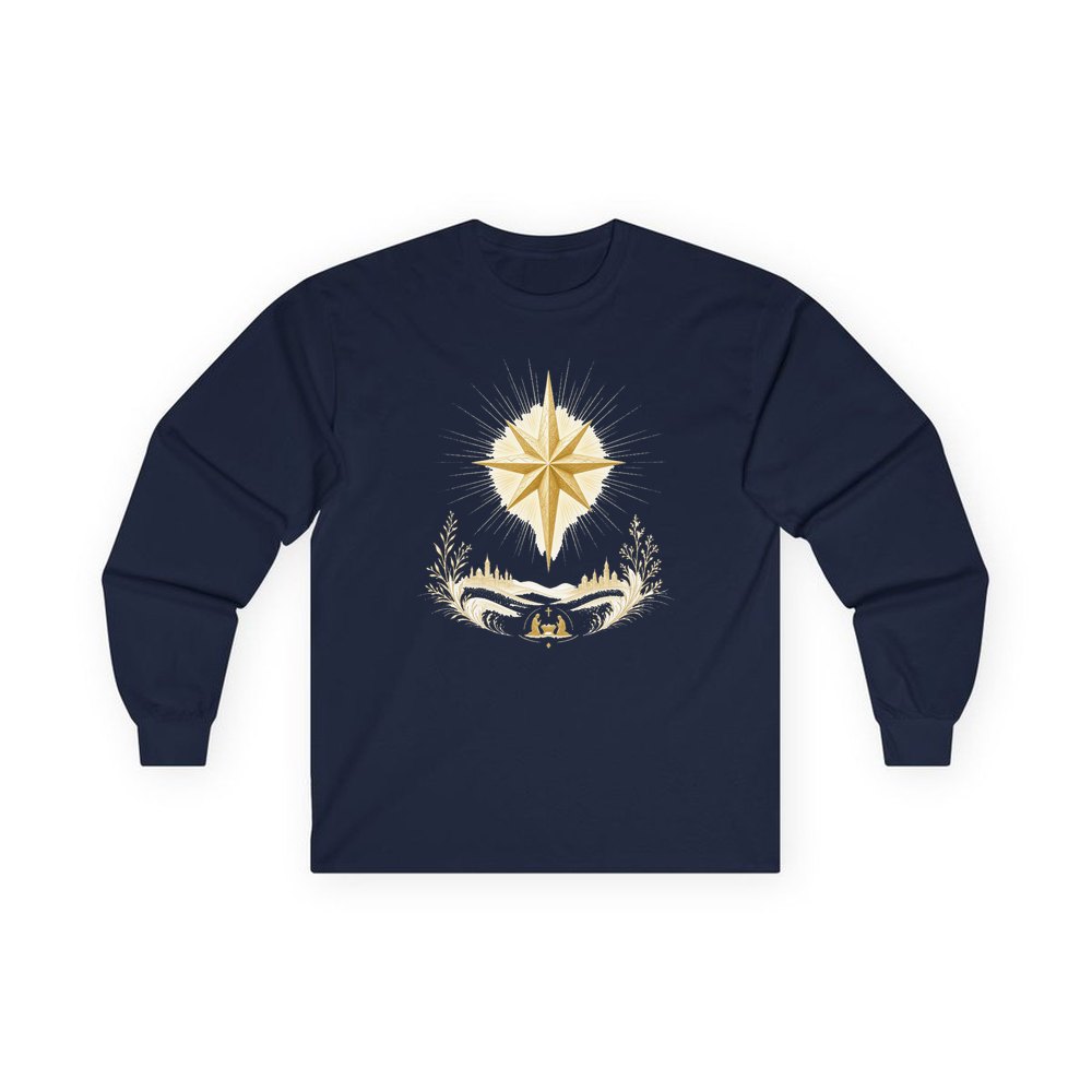 Golden Nativity Star personalised long sleeve Christmas T-shirt in navy
