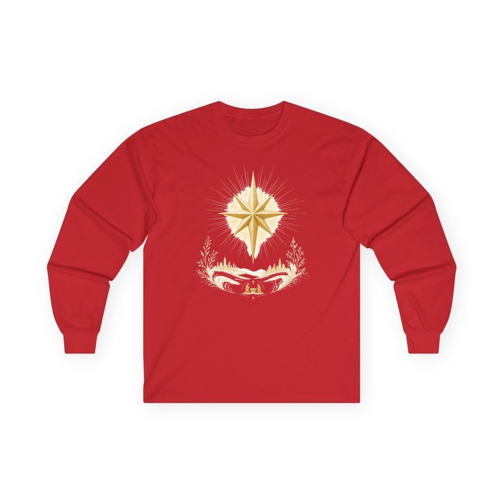 Golden Nativity Star personalised long sleeve Christmas T-shirt in red