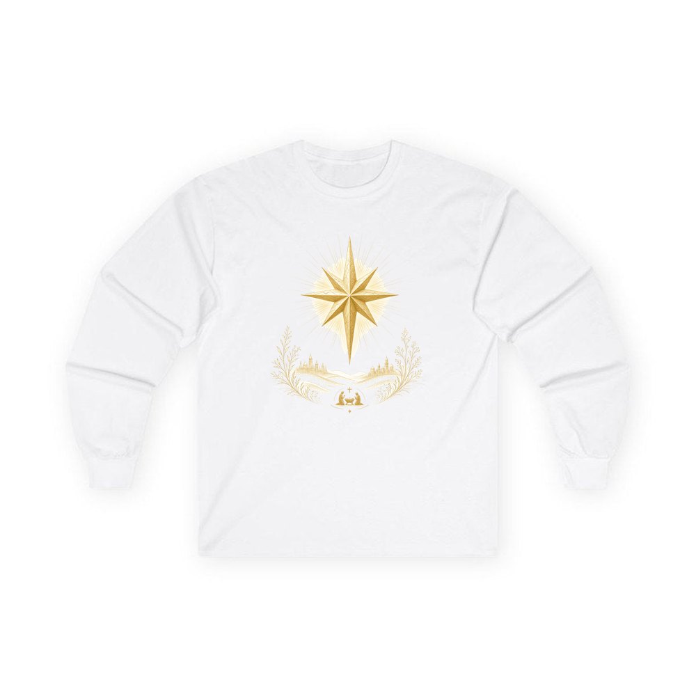 Golden Nativity Star personalised long sleeve Christmas T-shirt in white