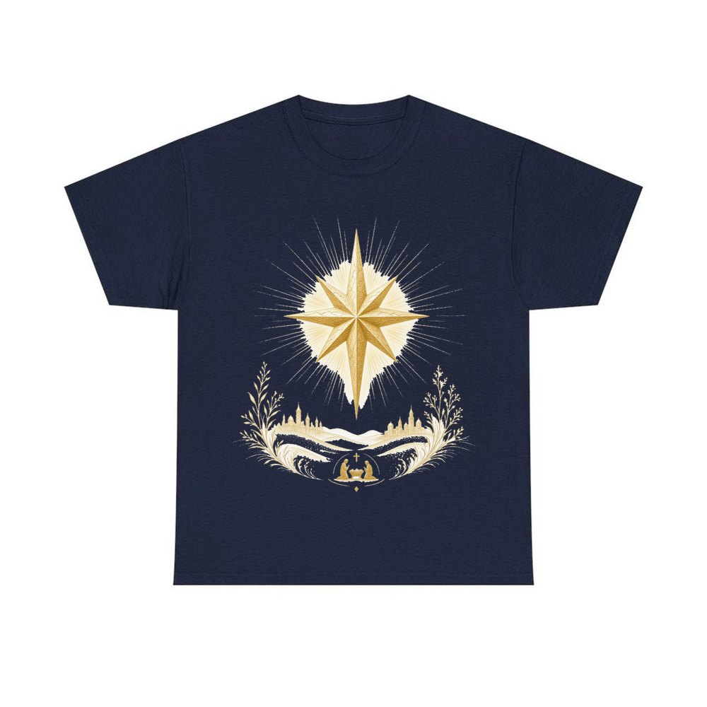 Golden Nativity Star personalised Christmas T-shirt in navy