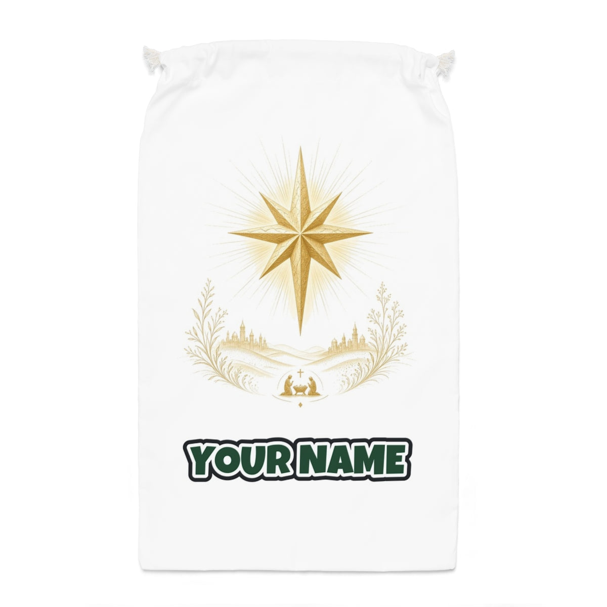 Golden Nativity Star Santa sack laid flat, showing the full print