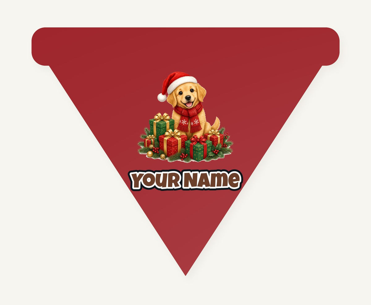 Golden Puppy And Presents Personalised Christmas Dog Bandana