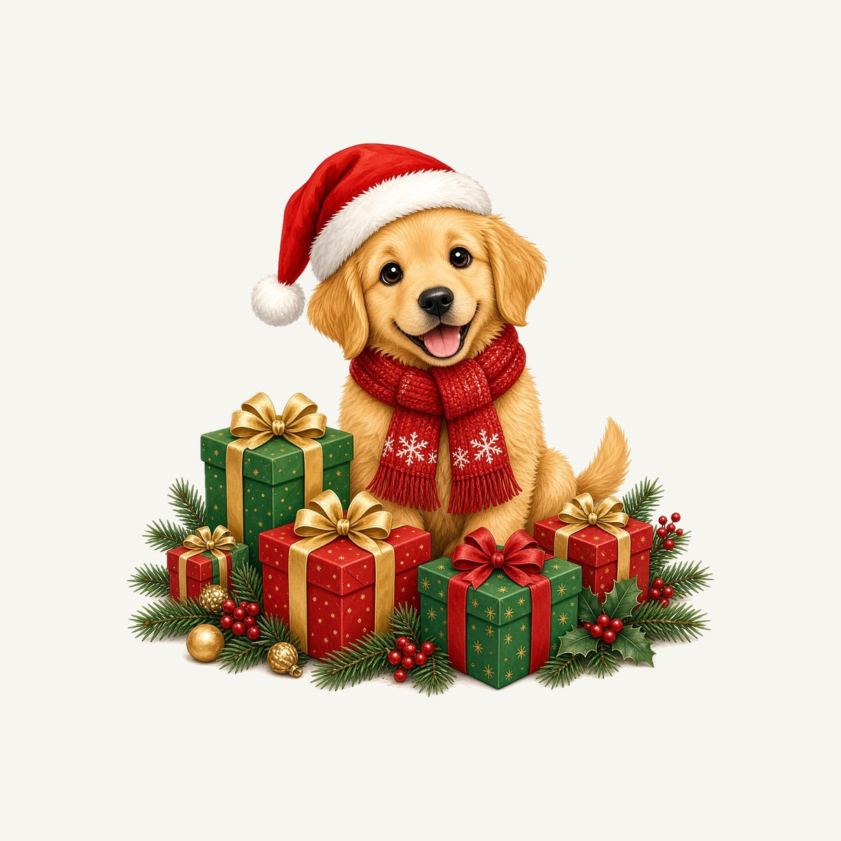 Golden Puppy And Presents Personalised Christmas Dog Bandana