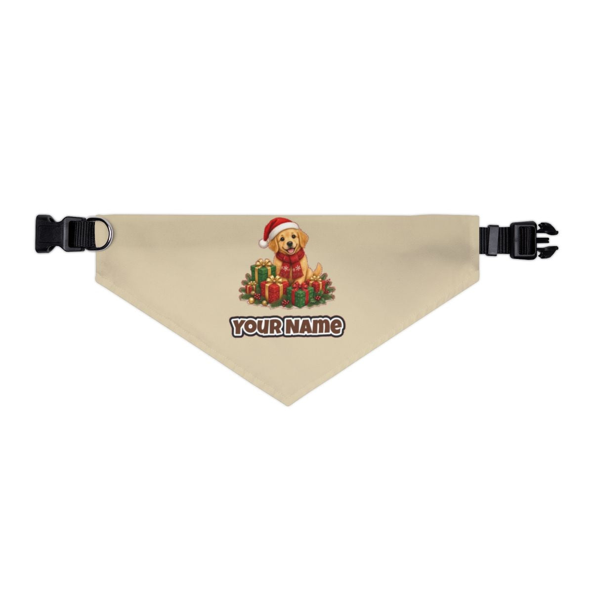 Golden Puppy And Presents personalised Christmas pet bandana in beige, collar with buckle