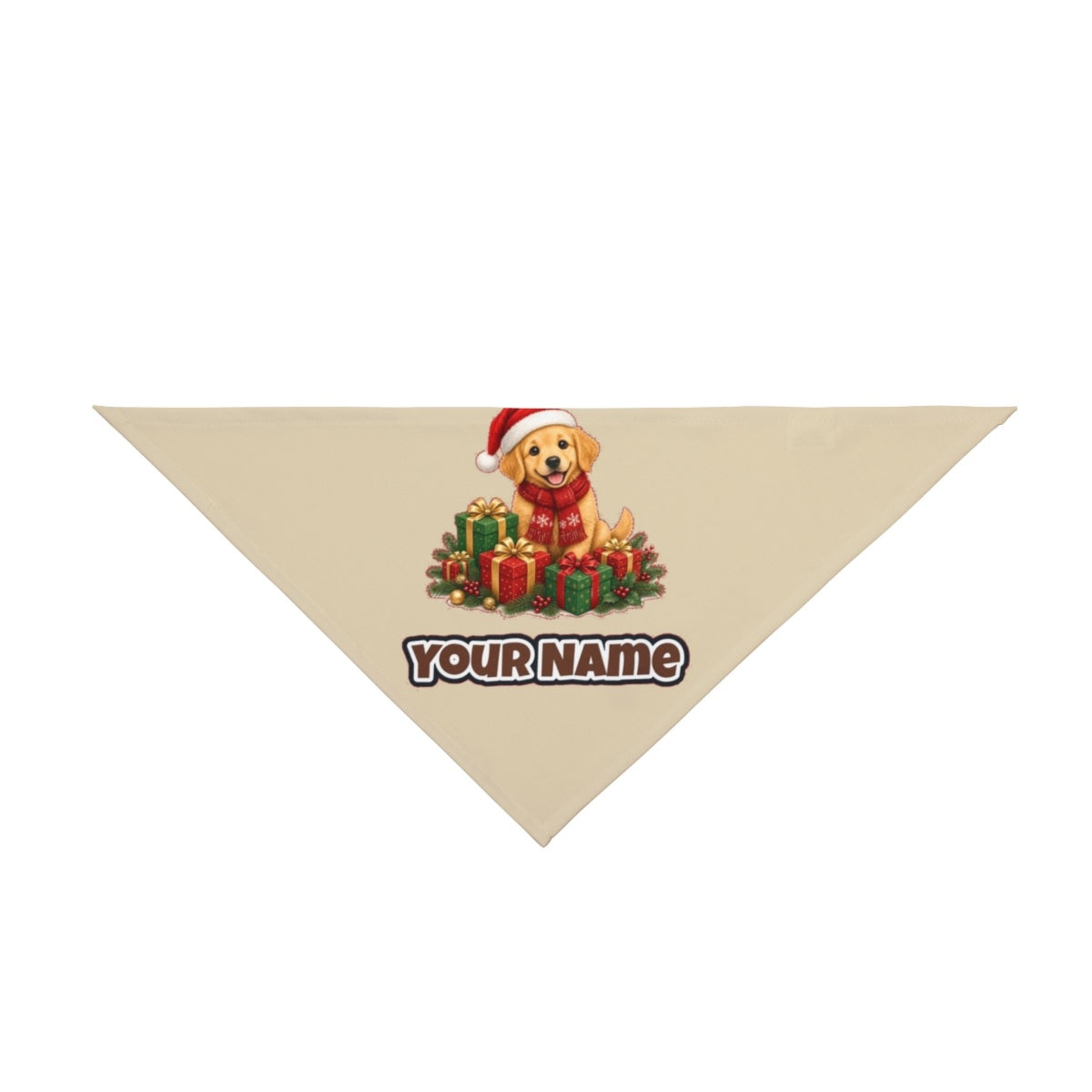 Golden Puppy And Presents personalised Christmas pet bandana in beige, tie-on style