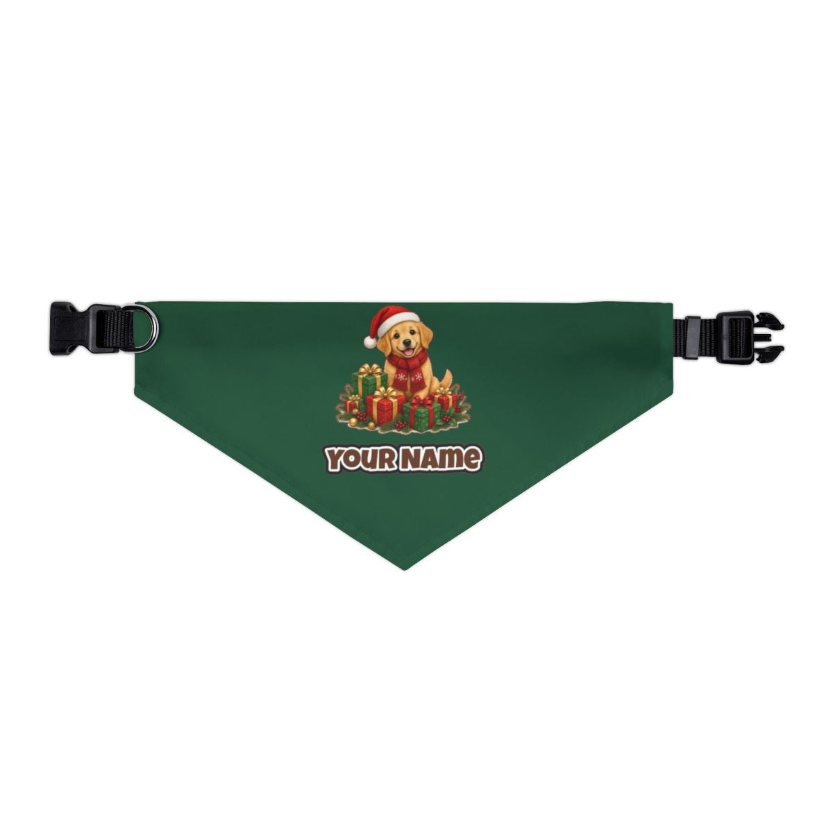 Golden Puppy And Presents personalised Christmas pet bandana in green, collar with buckle