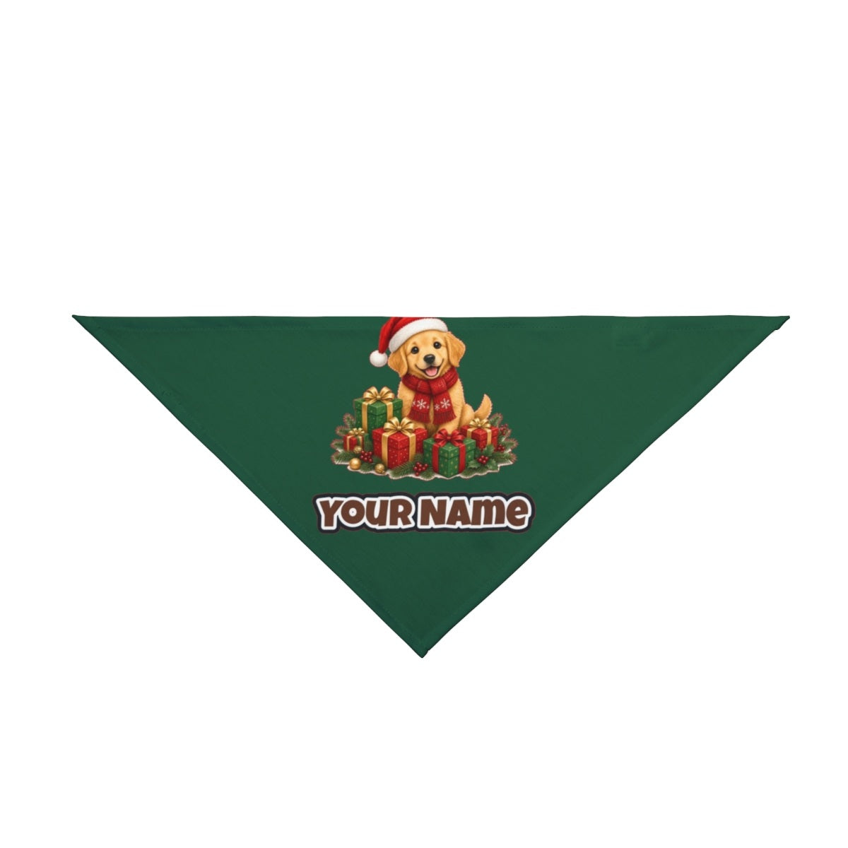 Golden Puppy And Presents personalised Christmas pet bandana in green, tie-on style