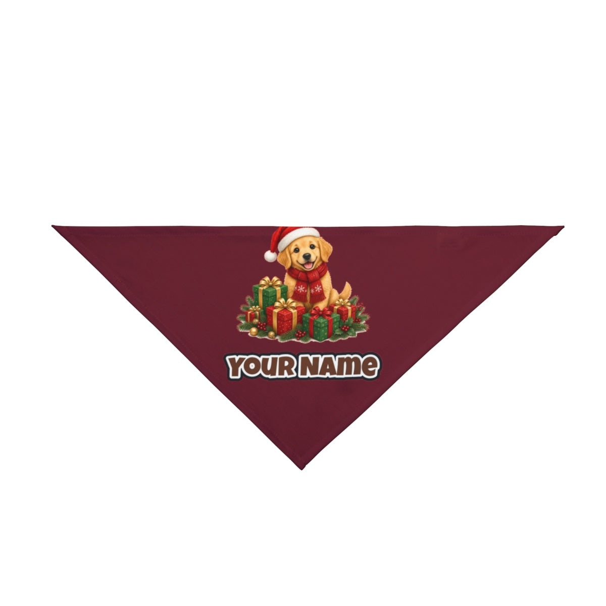 Golden Puppy And Presents personalised Christmas pet bandana in maroon, tie-on style
