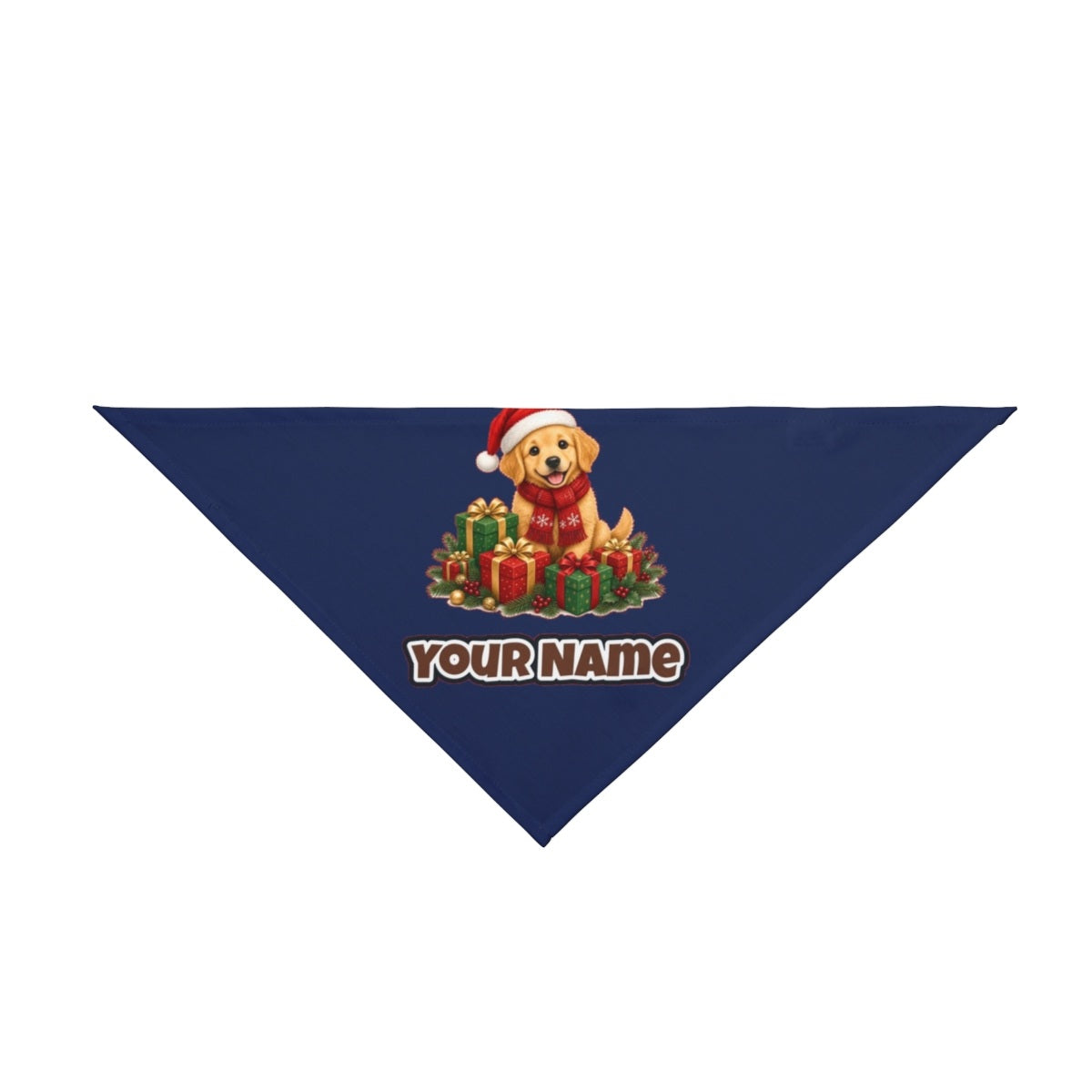 Golden Puppy And Presents personalised Christmas pet bandana in navy, tie-on style