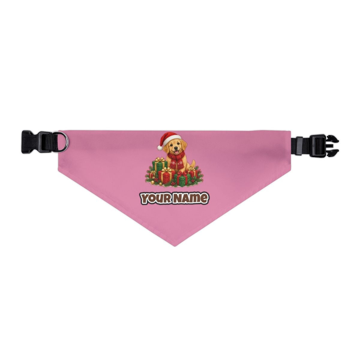 Golden Puppy And Presents personalised Christmas pet bandana in pink, collar with buckle