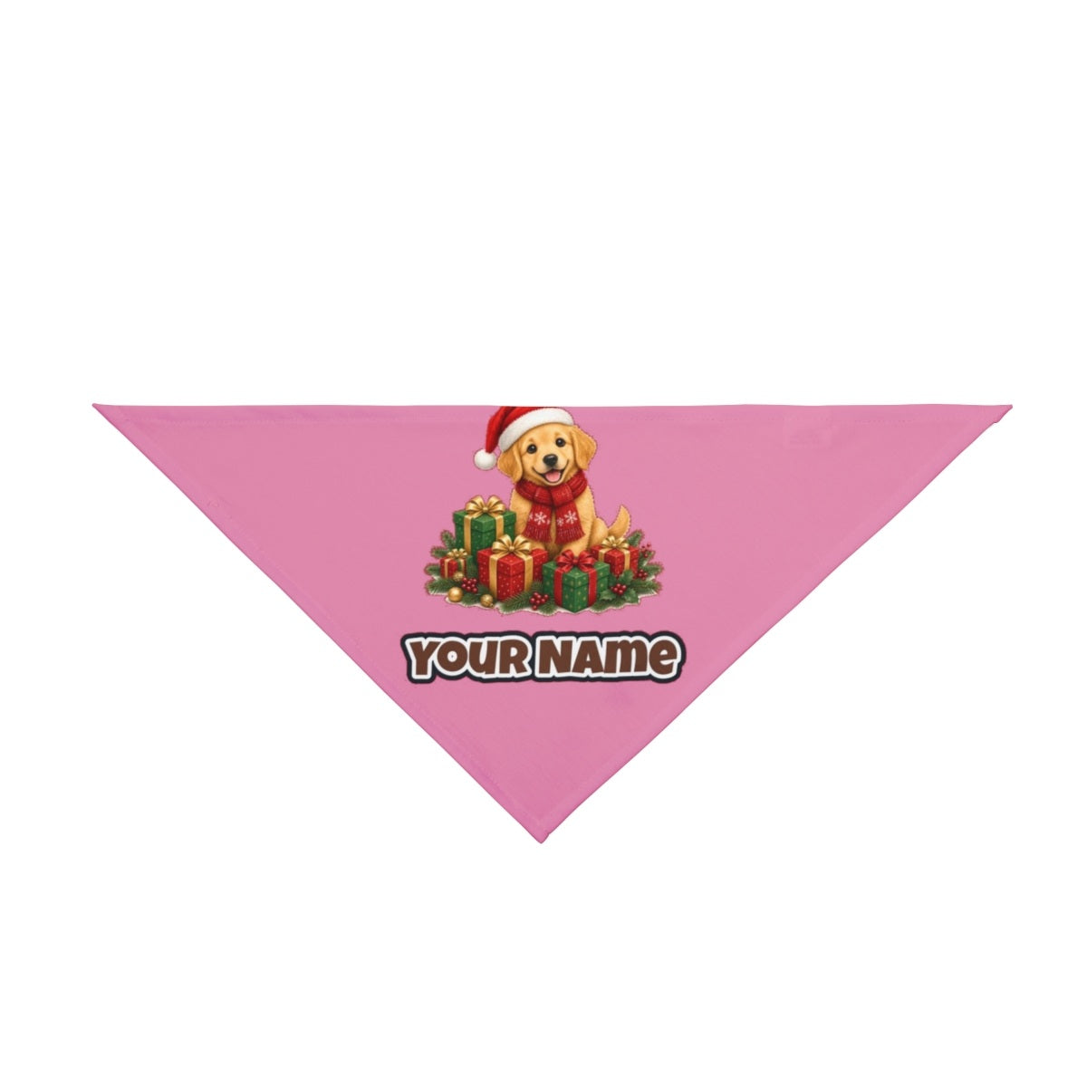 Golden Puppy And Presents personalised Christmas pet bandana in pink, tie-on style