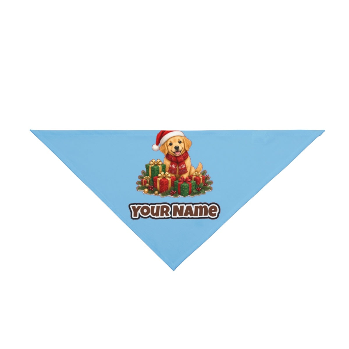 Golden Puppy And Presents personalised Christmas pet bandana in sky blue, tie-on style