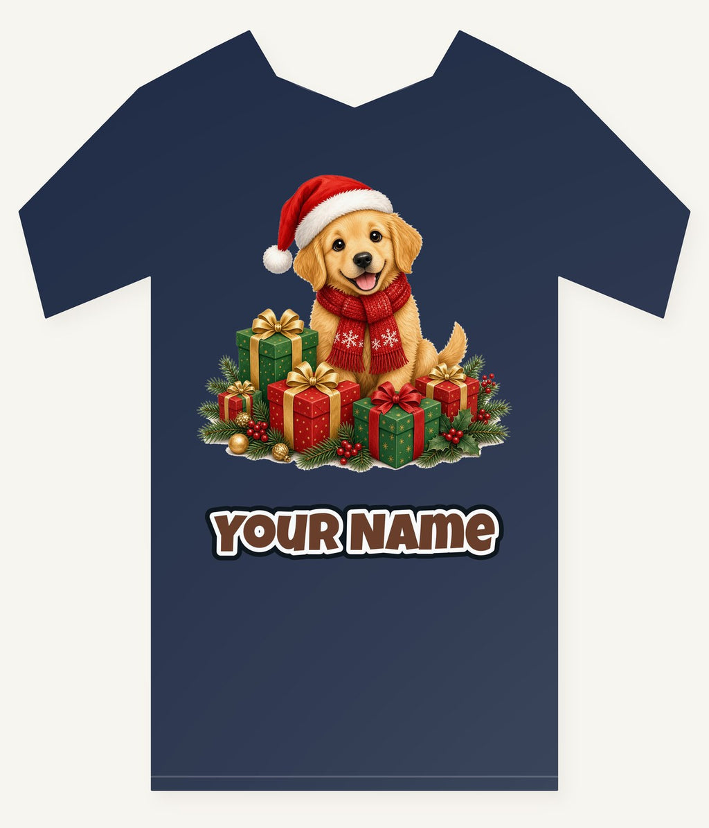 Golden Puppy And Presents Personalised Kids and Baby Christmas Tee