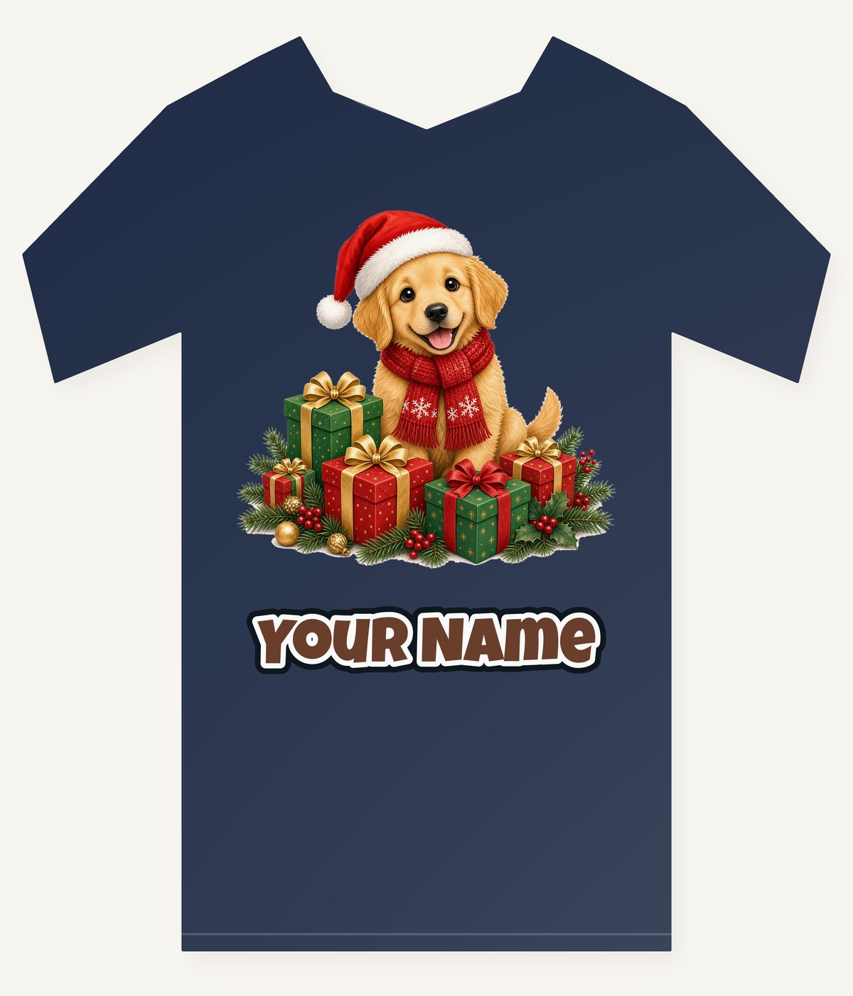 Golden Puppy And Presents Personalised Kids and Baby Christmas Tee