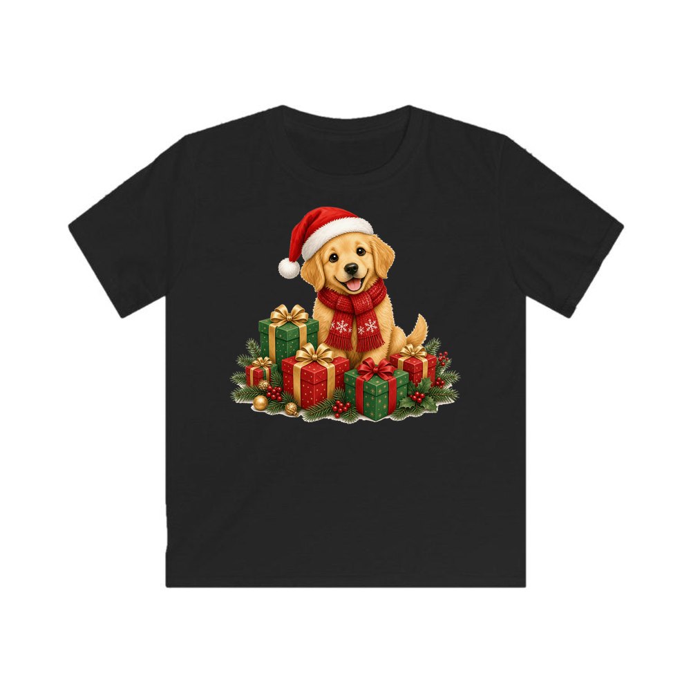 Golden Puppy And Presents personalised kids Christmas tee in black