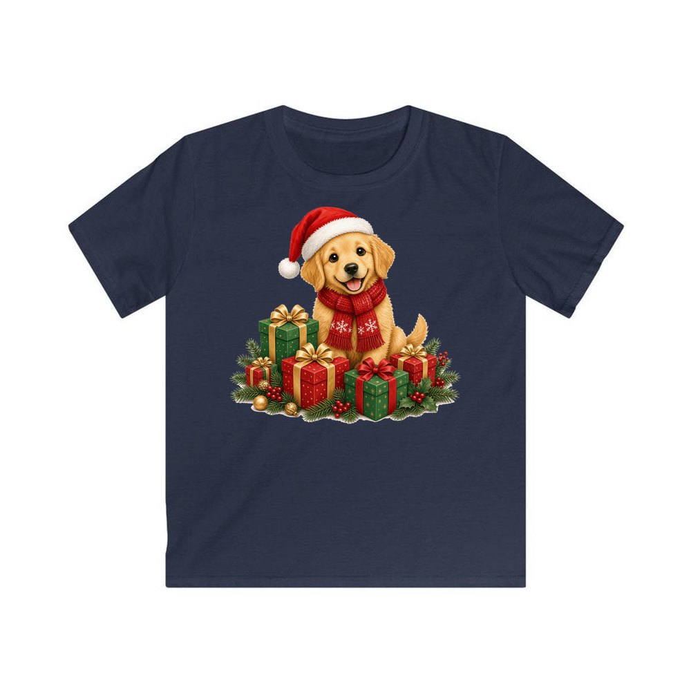 Golden Puppy And Presents personalised kids Christmas tee in navy