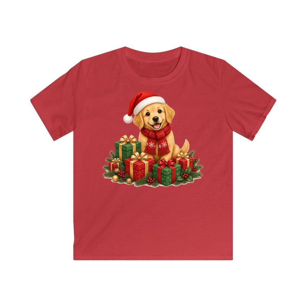 Golden Puppy And Presents personalised kids Christmas tee in red
