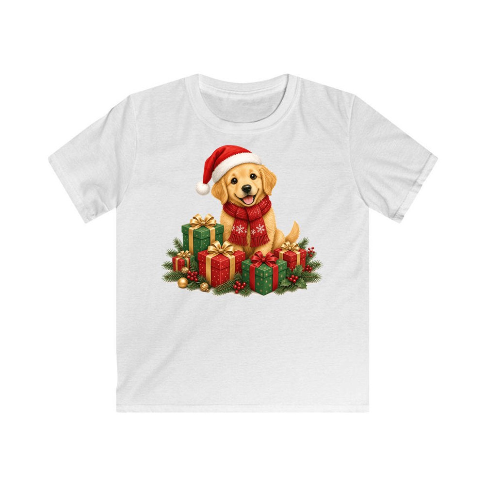 Golden Puppy And Presents personalised kids Christmas tee in white