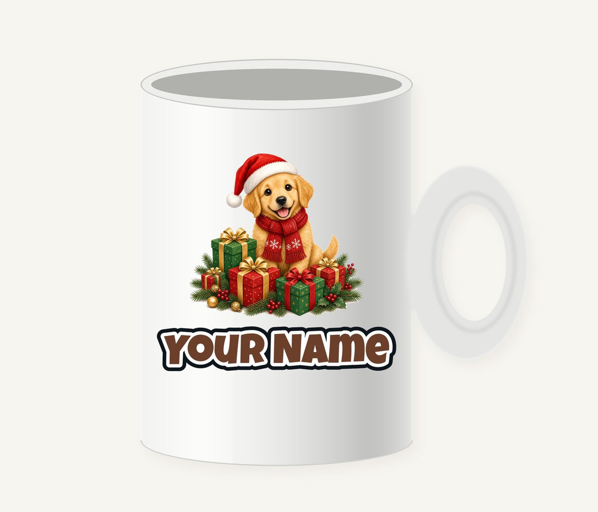 Golden Puppy And Presents Personalised Christmas Mug