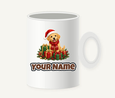 Golden Puppy And Presents Personalised Christmas Mug