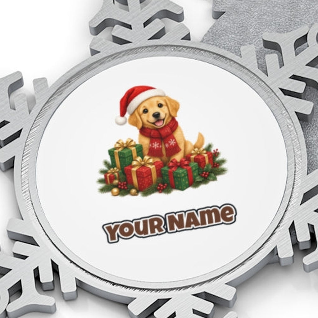 Golden Puppy And Presents Personalised Pewter Christmas Ornament
