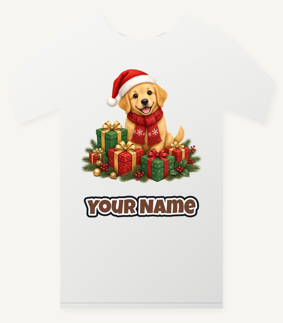 Golden Puppy And Presents Personalised Christmas T-Shirt and Hoodie