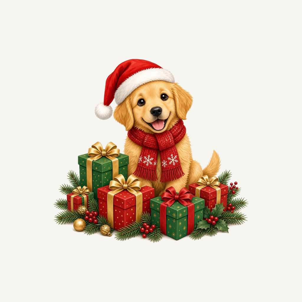 Golden Puppy And Presents Personalised Christmas T-Shirt and Hoodie