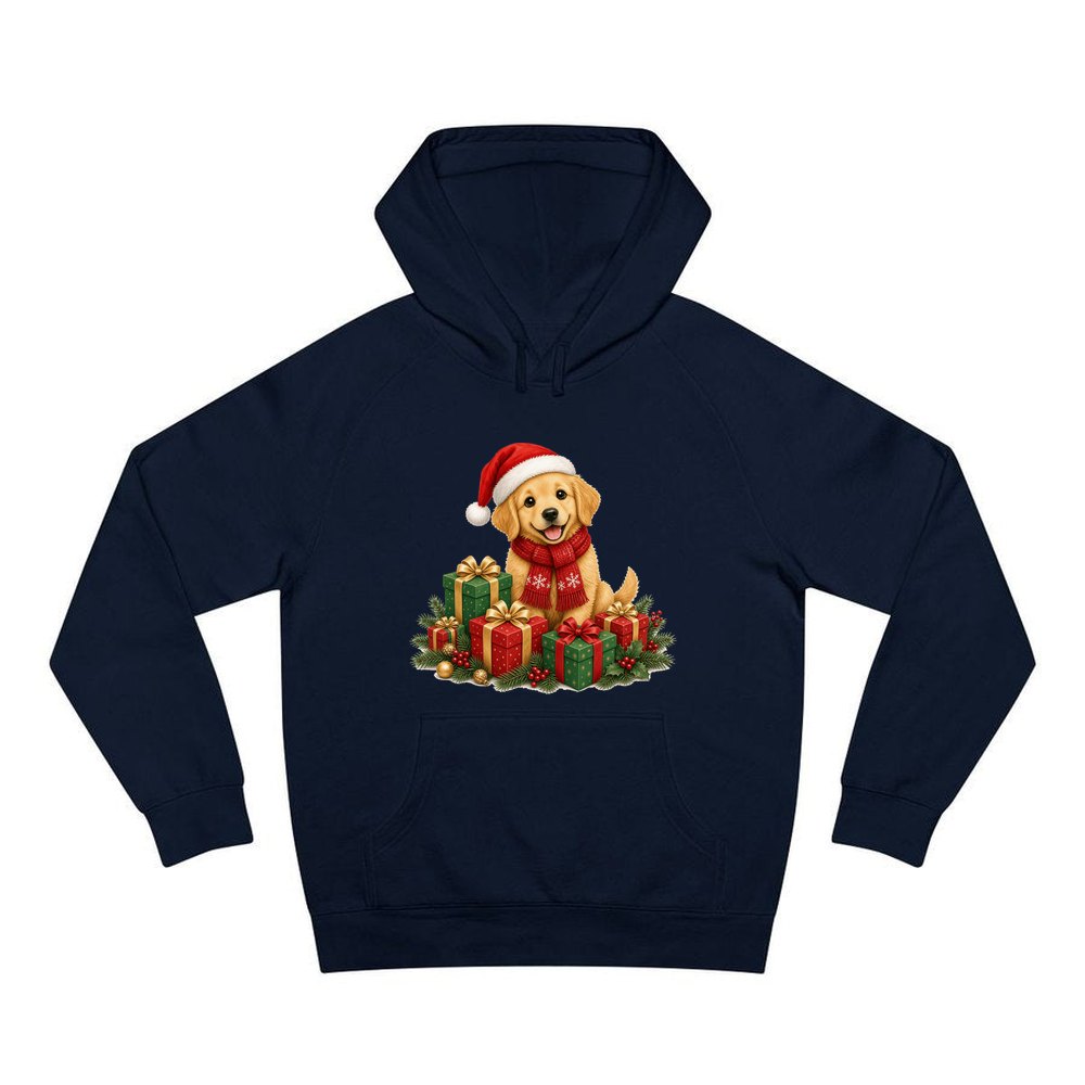Golden Puppy And Presents personalised Christmas hoodie in navy
