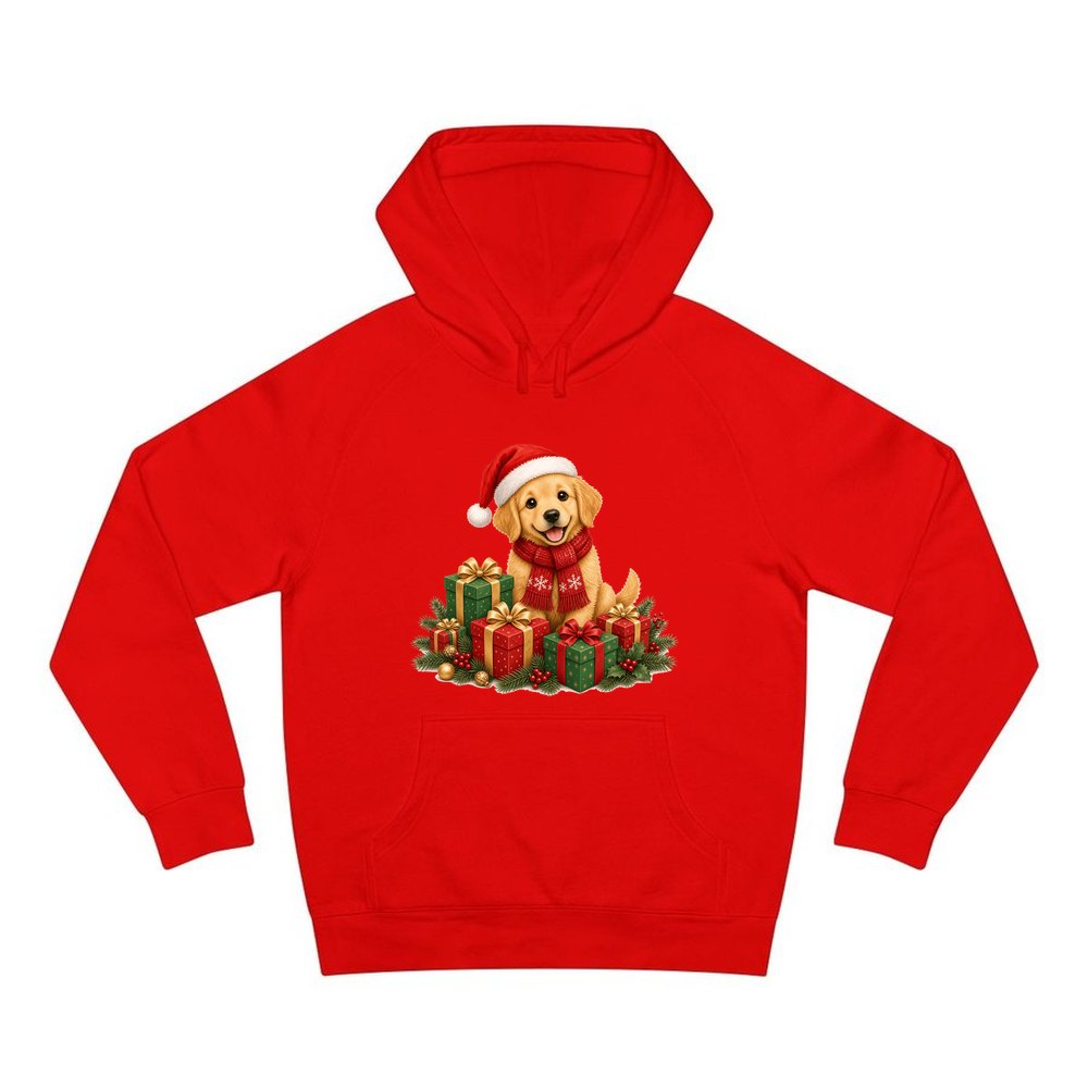Golden Puppy And Presents personalised Christmas hoodie in red