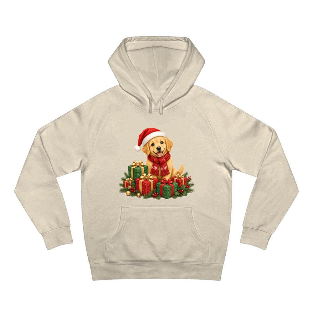 Golden Puppy And Presents personalised Christmas hoodie in sand