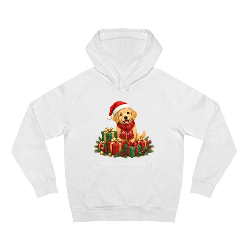 Golden Puppy And Presents personalised Christmas hoodie in white