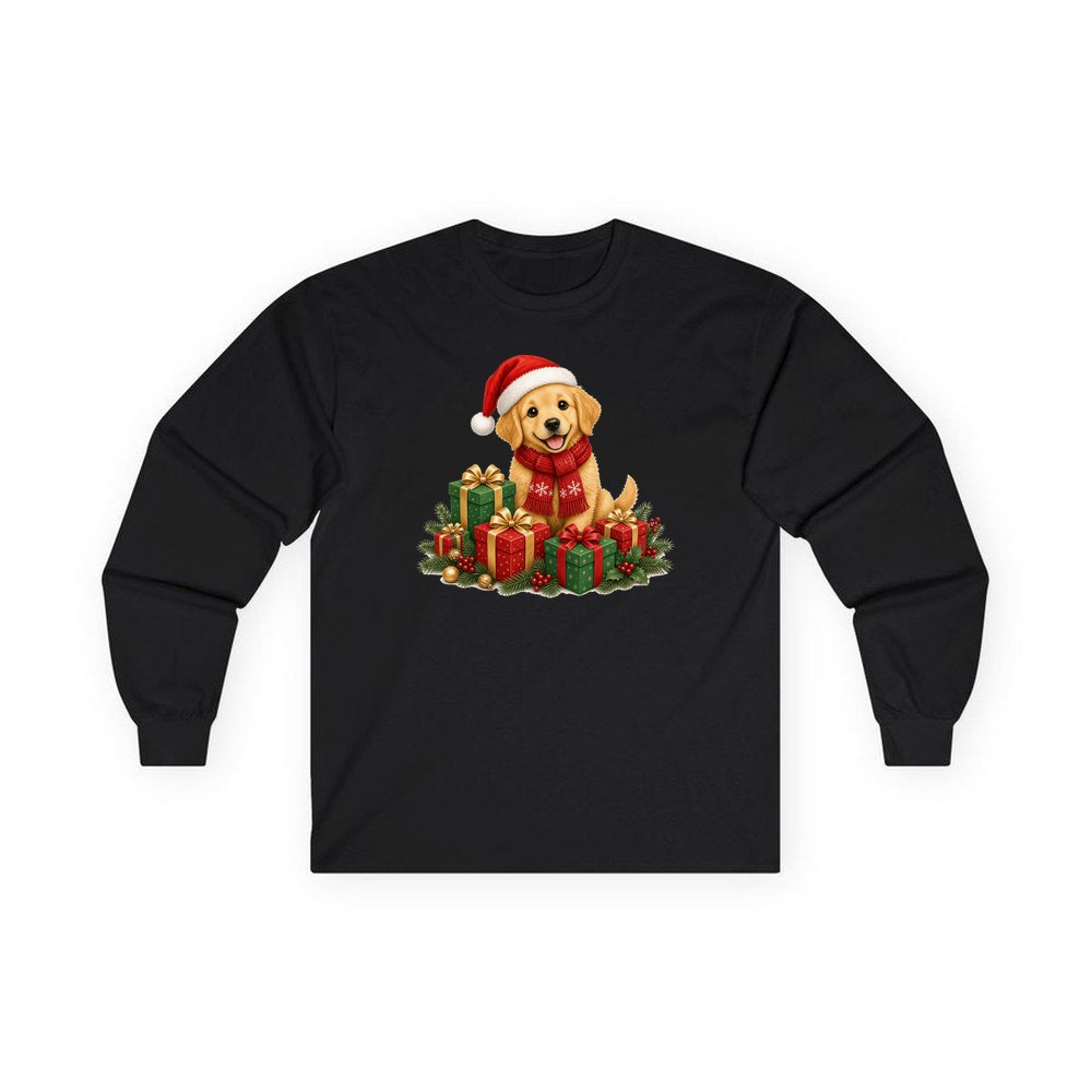 Golden Puppy And Presents personalised long sleeve Christmas T-shirt in black