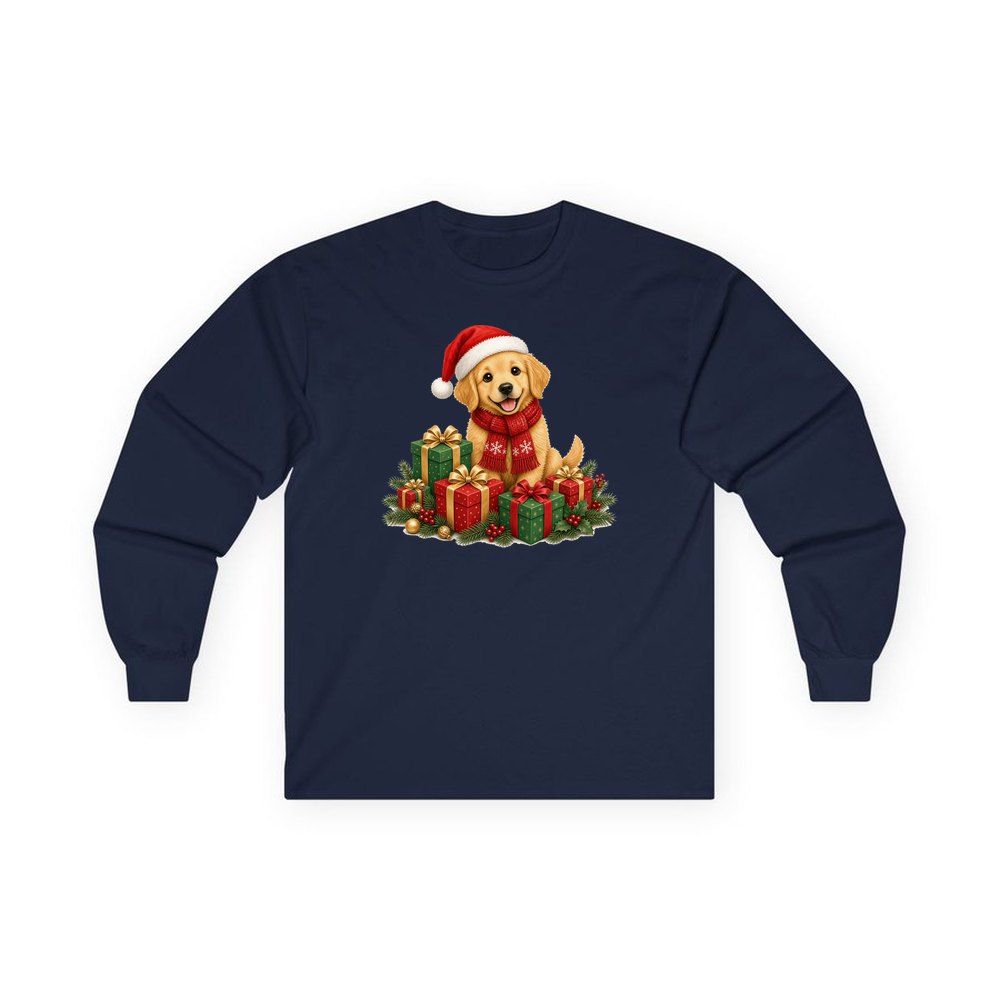 Golden Puppy And Presents personalised long sleeve Christmas T-shirt in navy