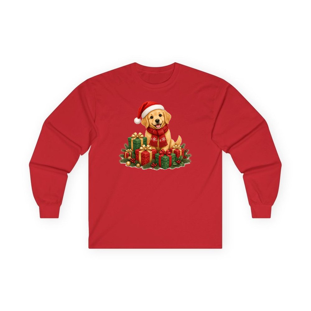 Golden Puppy And Presents personalised long sleeve Christmas T-shirt in red