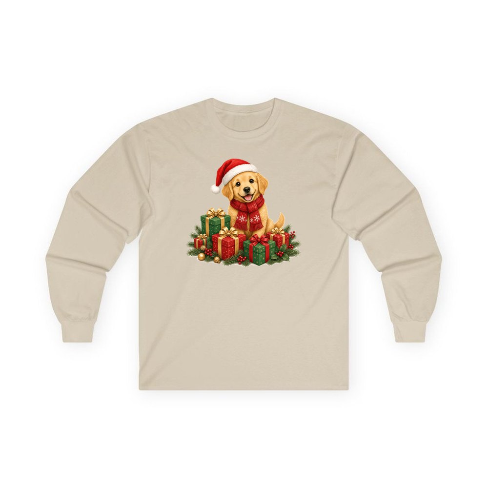 Golden Puppy And Presents personalised long sleeve Christmas T-shirt in sand