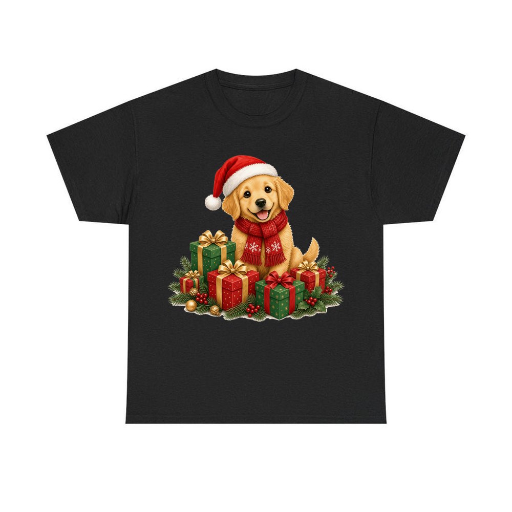Golden Puppy And Presents personalised Christmas T-shirt in black