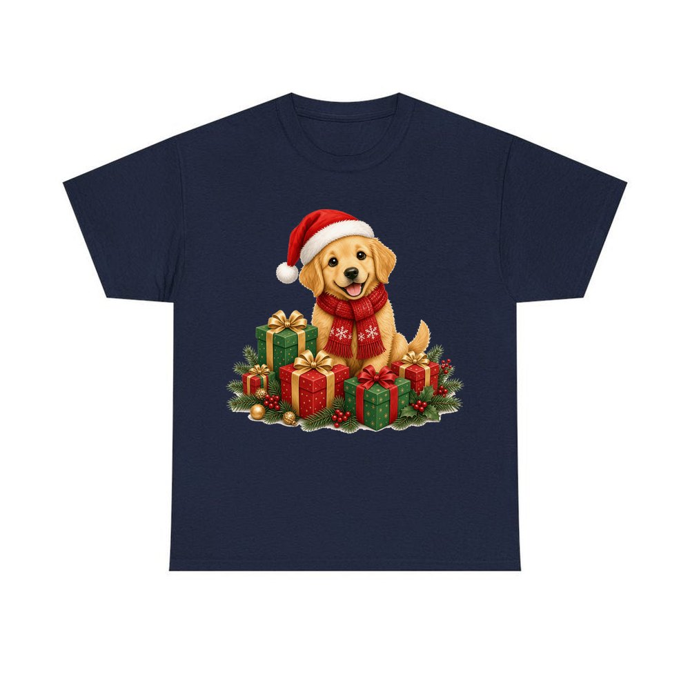 Golden Puppy And Presents personalised Christmas T-shirt in navy