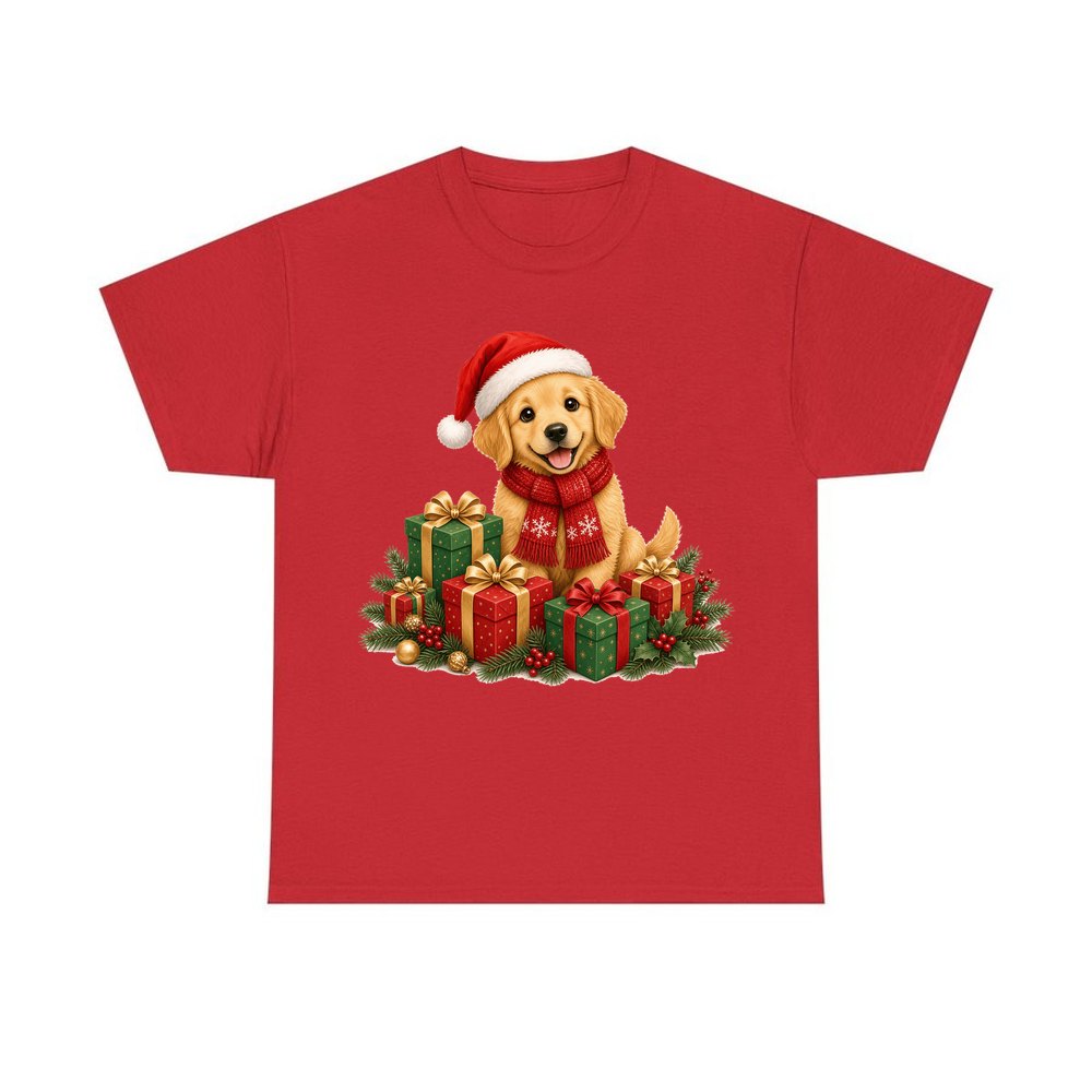 Golden Puppy And Presents personalised Christmas T-shirt in red
