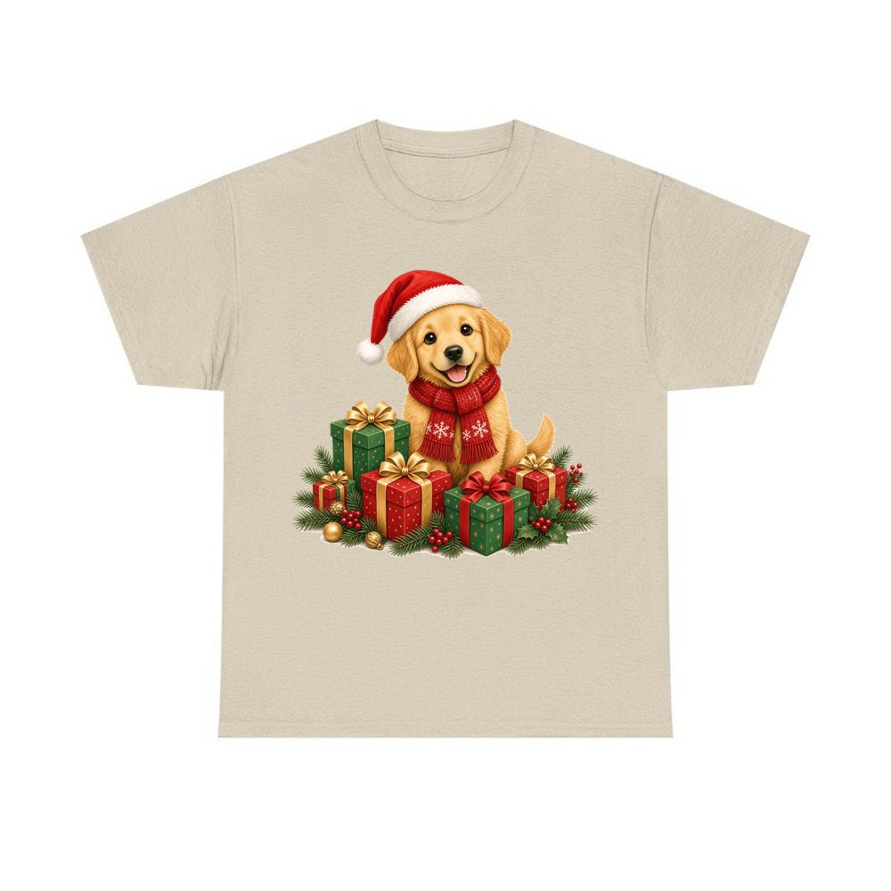 Golden Puppy And Presents personalised Christmas T-shirt in sand