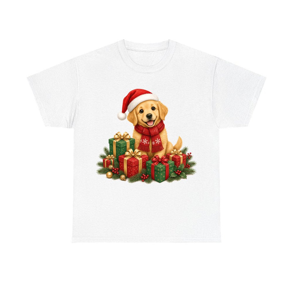 Golden Puppy And Presents personalised Christmas T-shirt in white