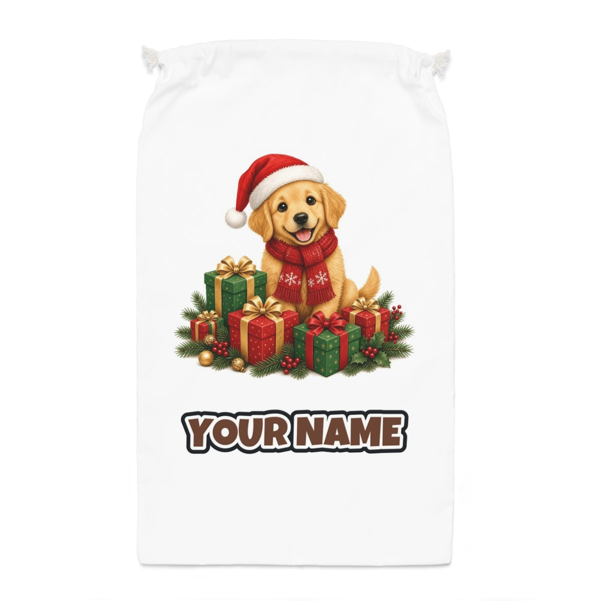 Golden Puppy And Presents Santa sack laid flat, showing the full print