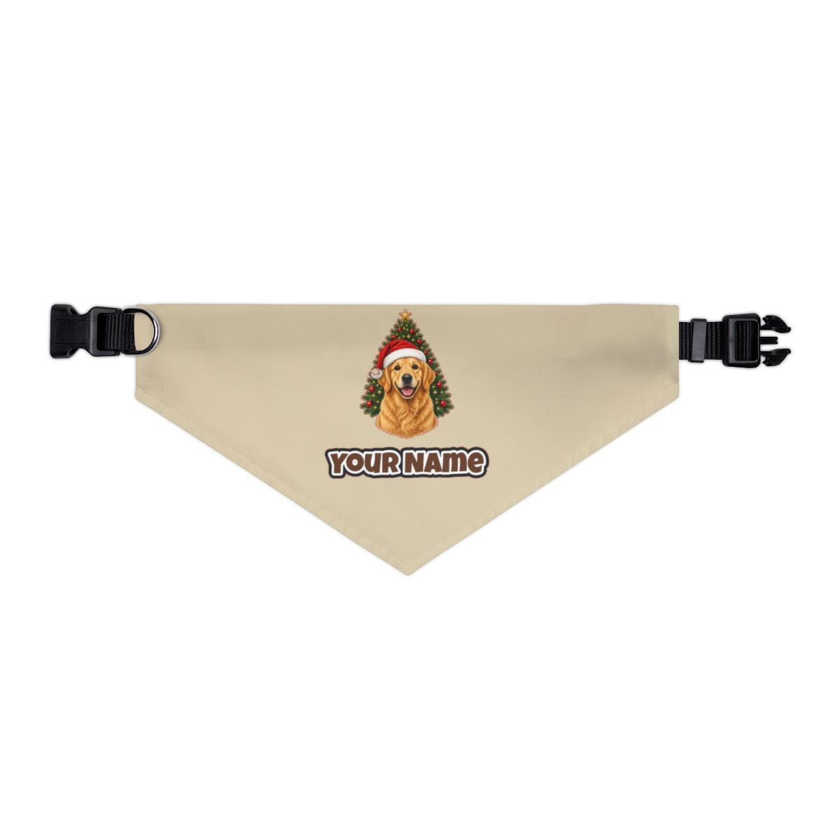 Golden Retriever by the Tree personalised Christmas pet bandana in beige, collar with buckle