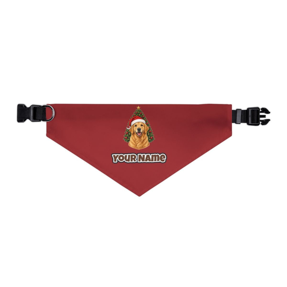 Golden Retriever by the Tree personalised Christmas pet bandana in red, collar with buckle
