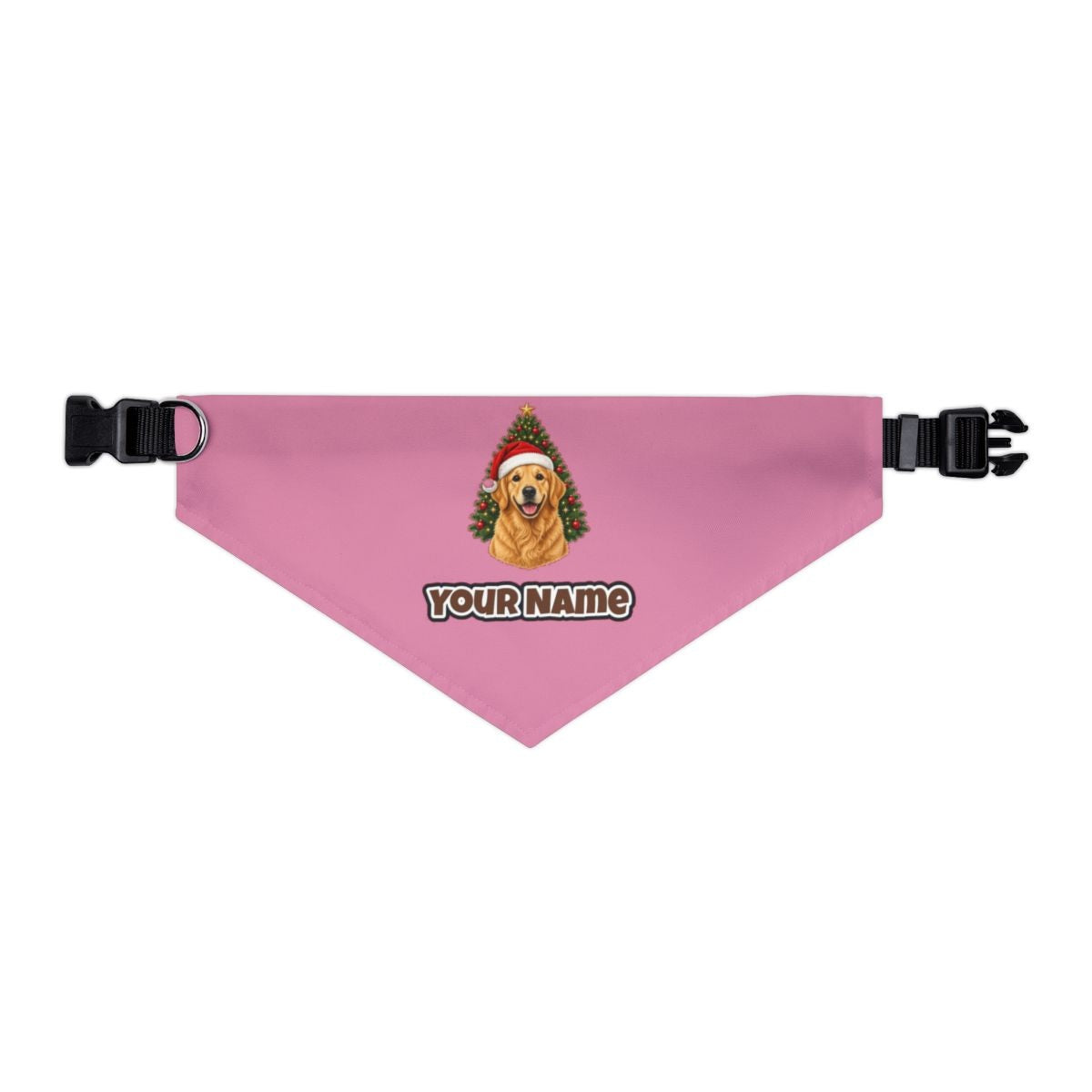 Golden Retriever by the Tree personalised Christmas pet bandana in pink, collar with buckle