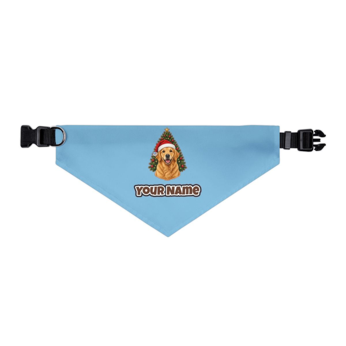 Golden Retriever by the Tree personalised Christmas pet bandana in sky blue, collar with buckle